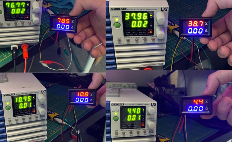 Voltampermetre'nin okuduğu farklı voltaj değerlerini gösteren fotoğraflar. 