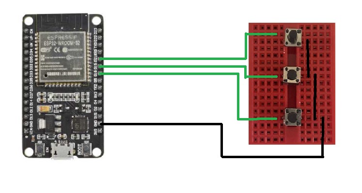 ESP32 geliştirme kartı ve breadboarda bağlı butonlar arasındaki bağlantıyı gösteren şema fotoğrafı. 